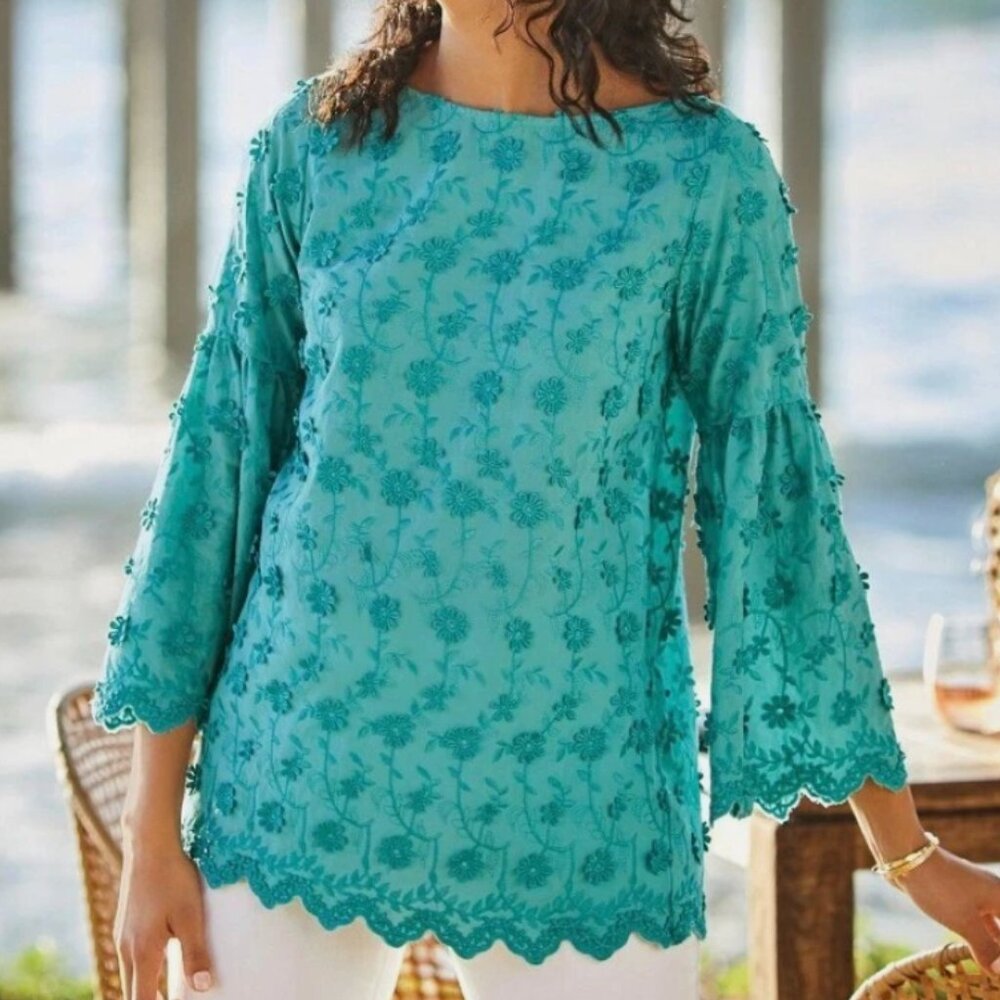 Soft Surroundings Rosalie Daisy Chain Blouse Embroidered Bell Flare Long Sleeve